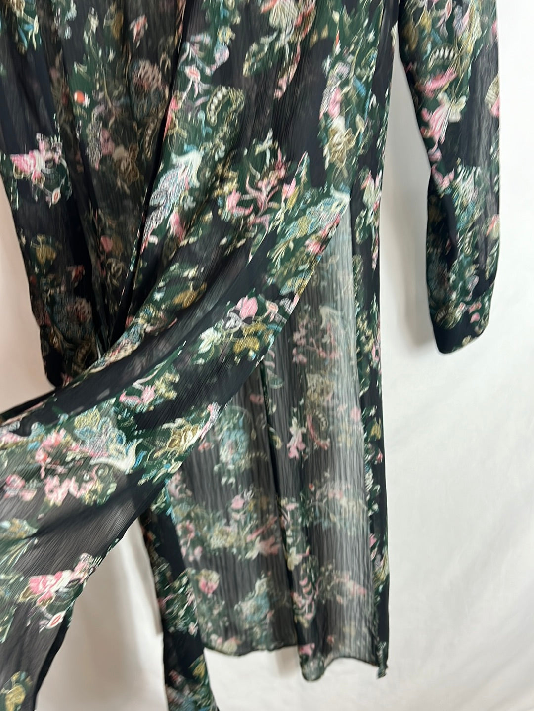 ZARA. Over a long, semi-sheer floral shirt. XS