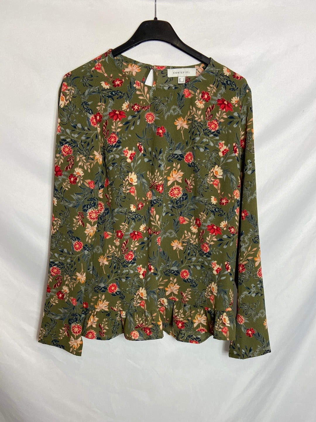 CORTEFIEL. Green ruffle printed blouse TS