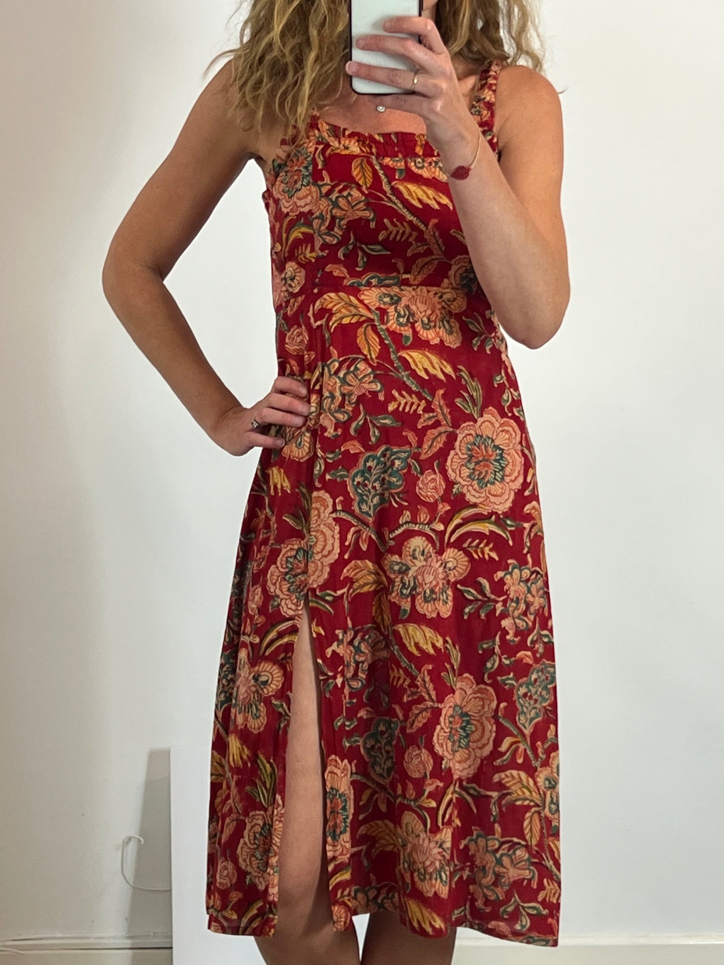 MANGALAM. Burgundy floral midi dress Ts/m