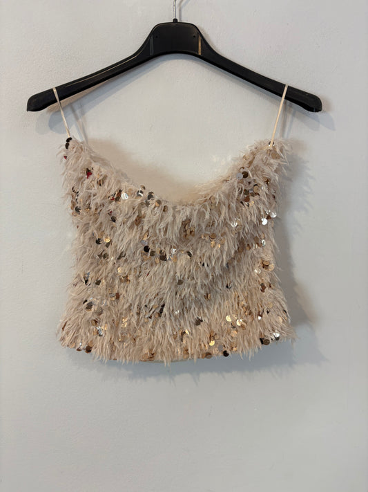 ZARA. Top textura y lentejuelas beige