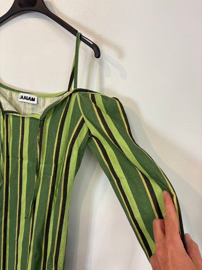 LAAGAM. Vestido  rayas en verde con lino