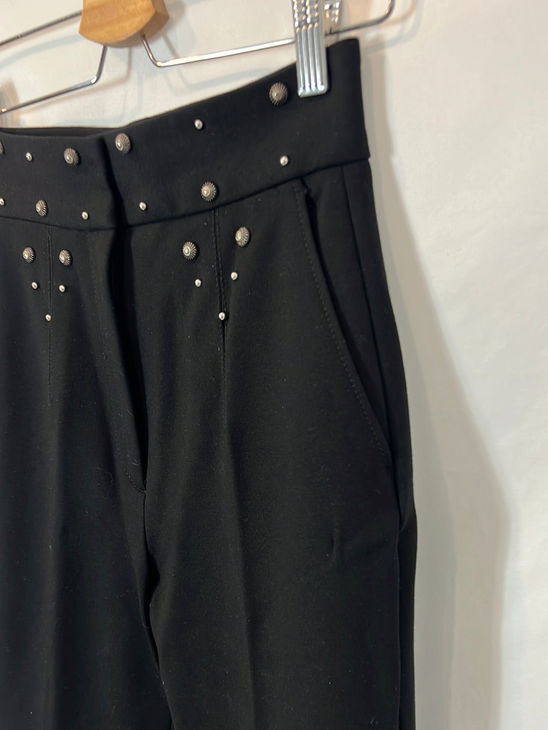 SANDRO. Wide-leg black studded trousers, size 34