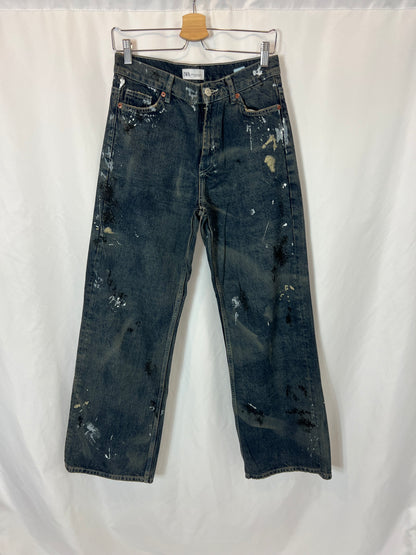 ZARA. Denim pata ancha detalle pintura. T 36