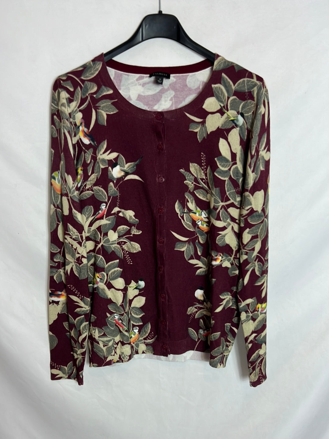 TALBOTS. Printed burgundy cardigan. TS (Tare)