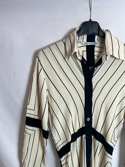 ZARA. Beige and black midi shirt dress. Size XS