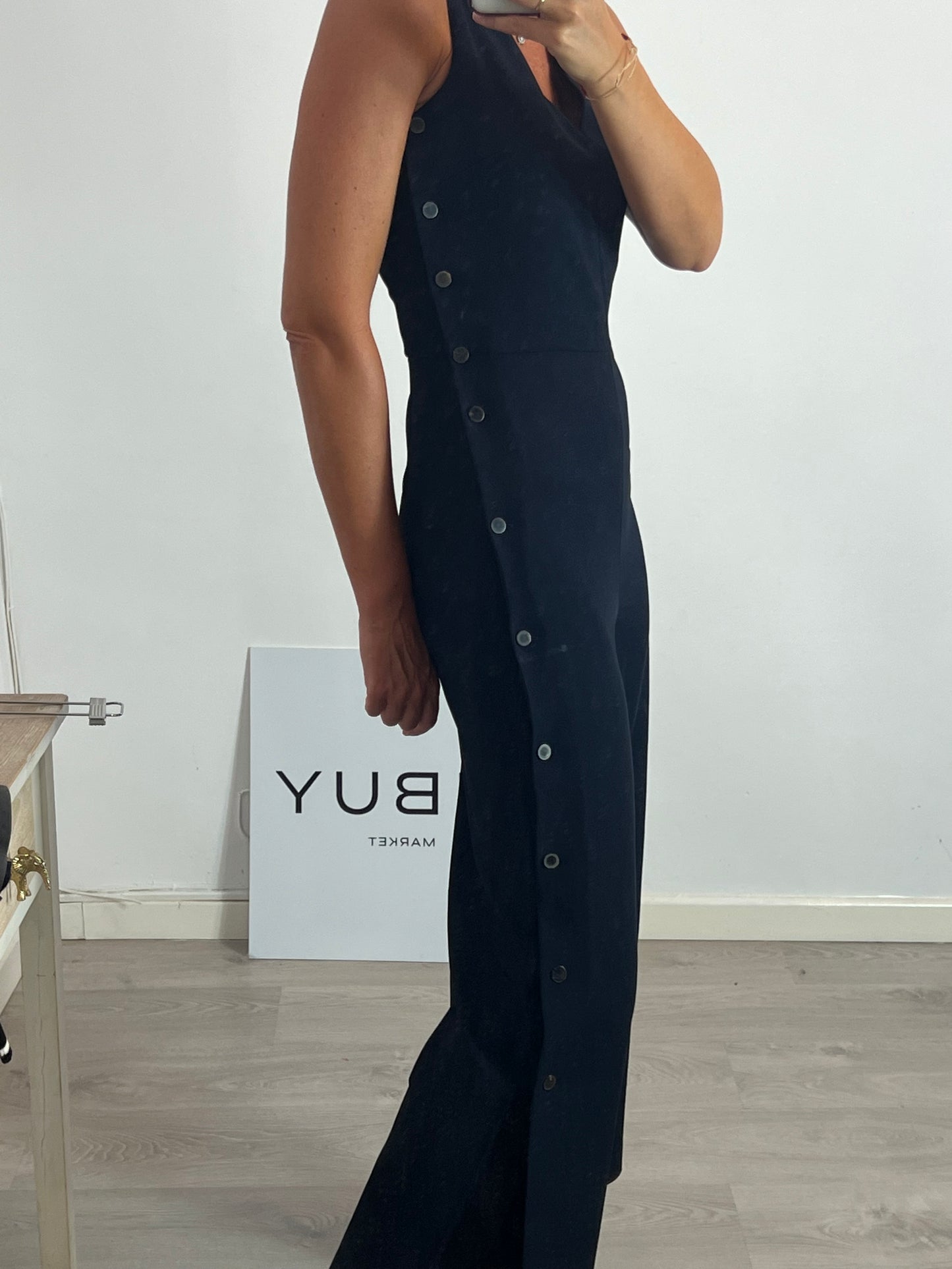 MASSIMO DUTTI. Mono azul culotte botonadura lateral. T 38