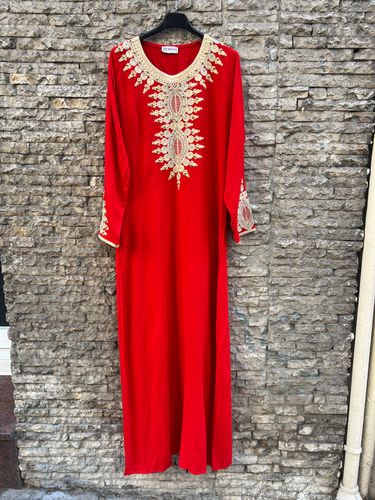 NAKKAS. Vestido largo rojo bordado T.s
