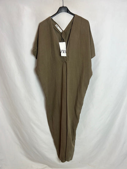 ZARA. Vestido verde caqui  estilo kaftan. T XS