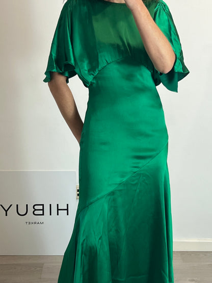 PEDRO DEL HIERRO. Long green satin dress, size 38