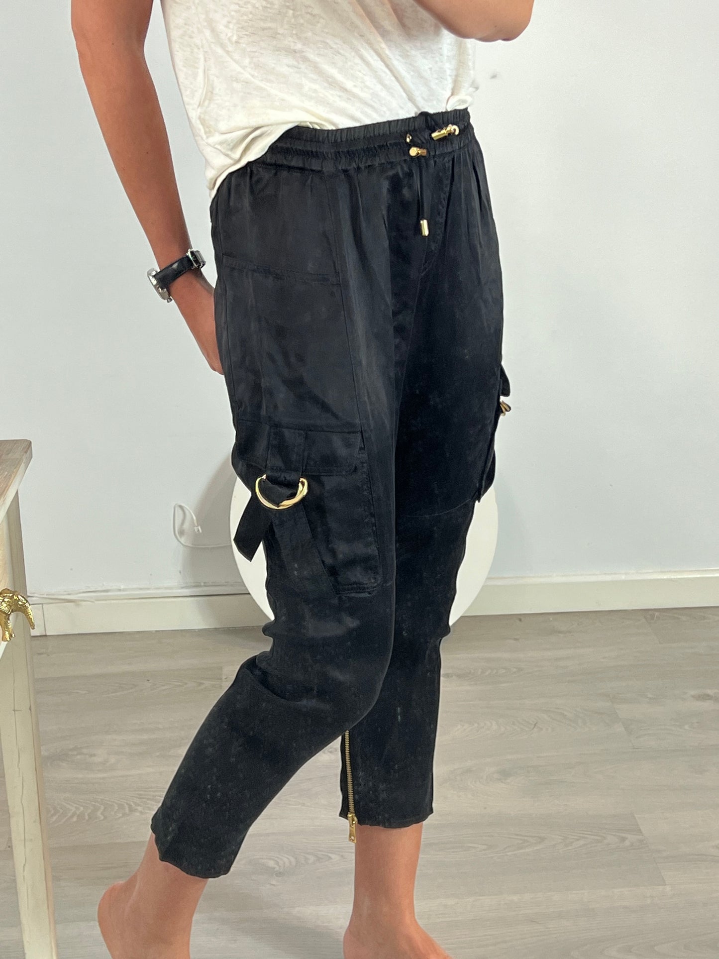 BALMAIN. Black satin trousers with pockets. Size 36