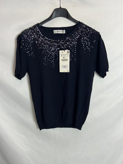 ZARA. Top punto azul pedrería. T S