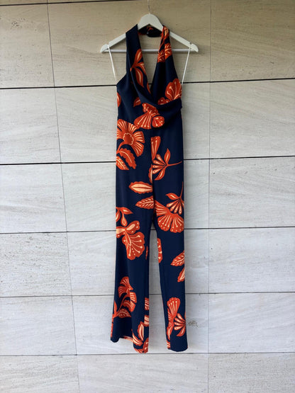 LADY PIPA. Mono largo azul estampado al cuello