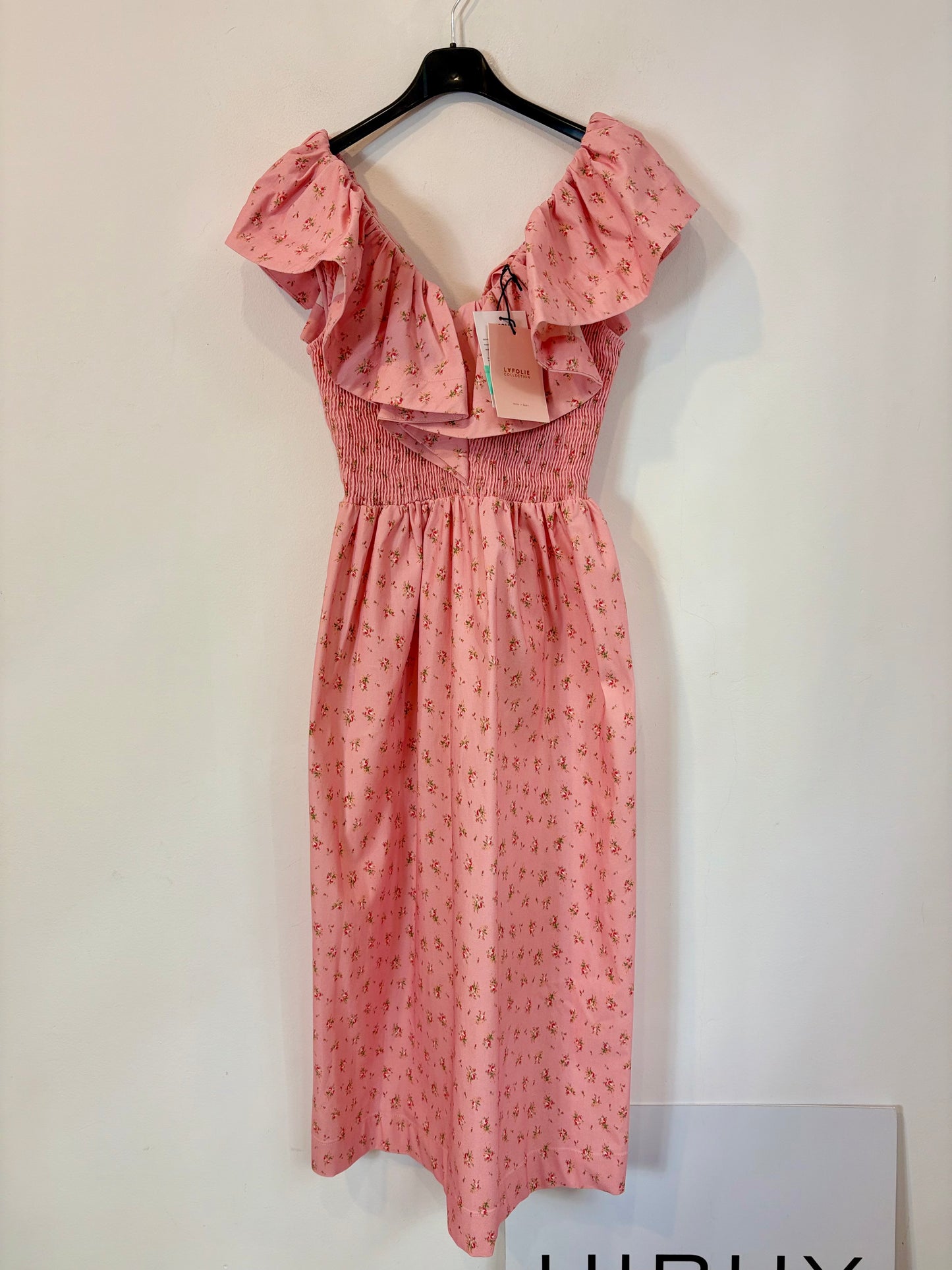 LAFOLIE. Vestido midi rosa volante