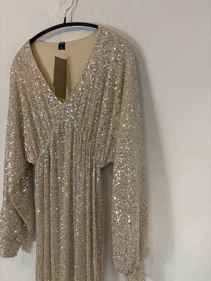 OTRAS. Vestido midi lentejuelas en beige