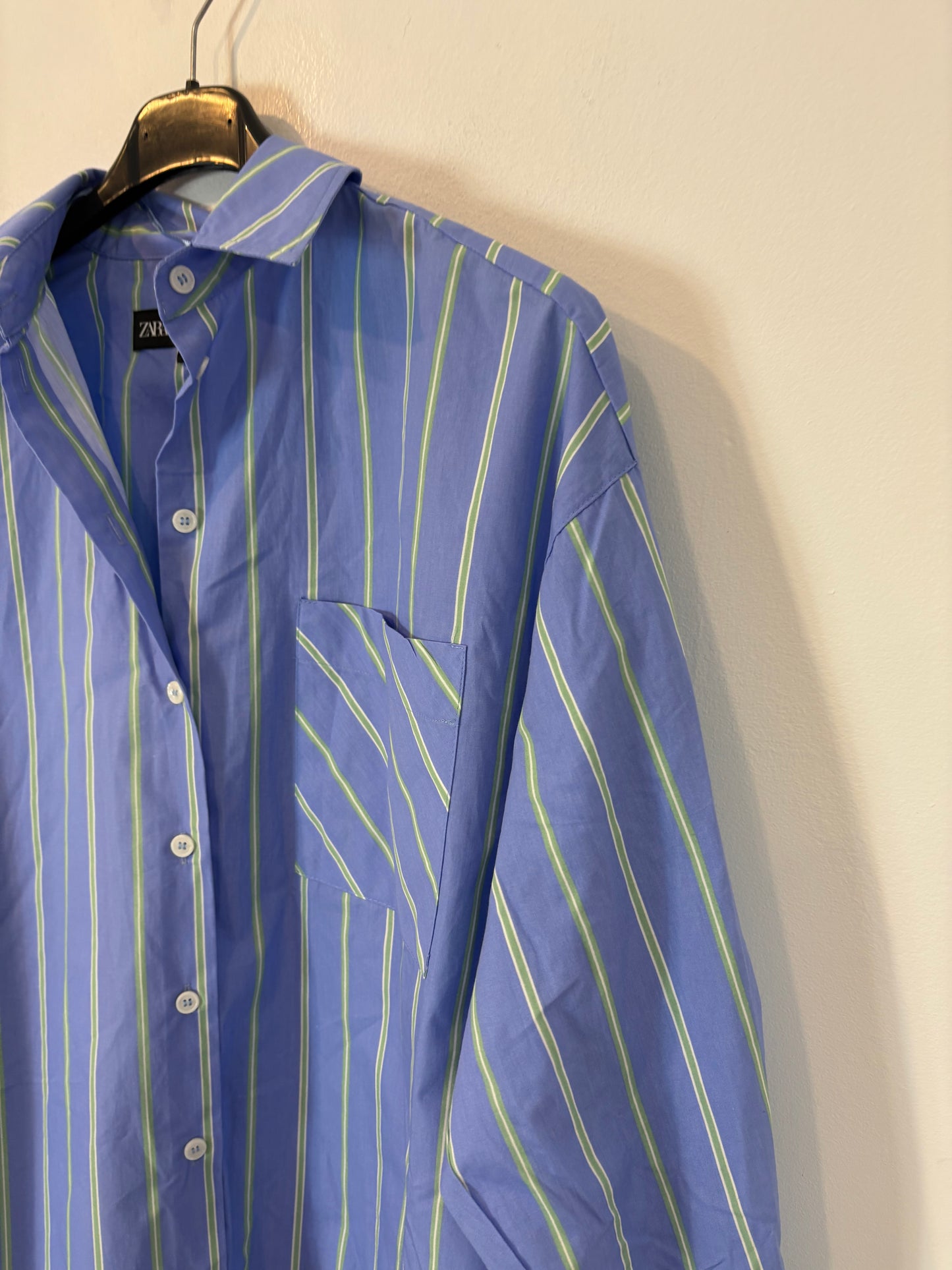 ZARA. Blue shirt with green stripes. XS (S/M)