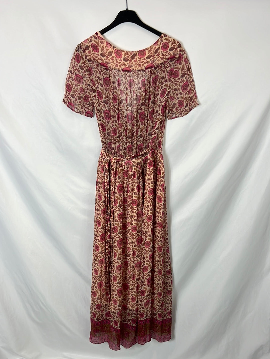 LOUISE MISHA. Vestido beige cruzado flores T.36