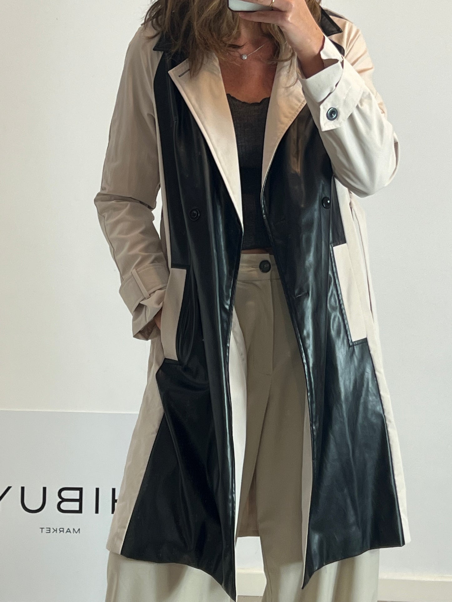 PRETTYLITLETHING. Beige trench coat with black details, size 36