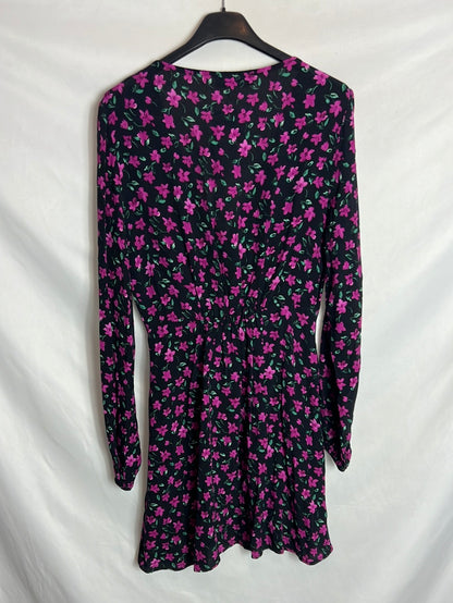 BERSHKA. Short black dress with purple flowers