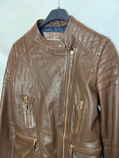 MASSIMO DUTTI. Chaqueta de piel marrón T. 13-14 años (S)