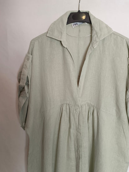 ZARA. Vestido verde lino T.m