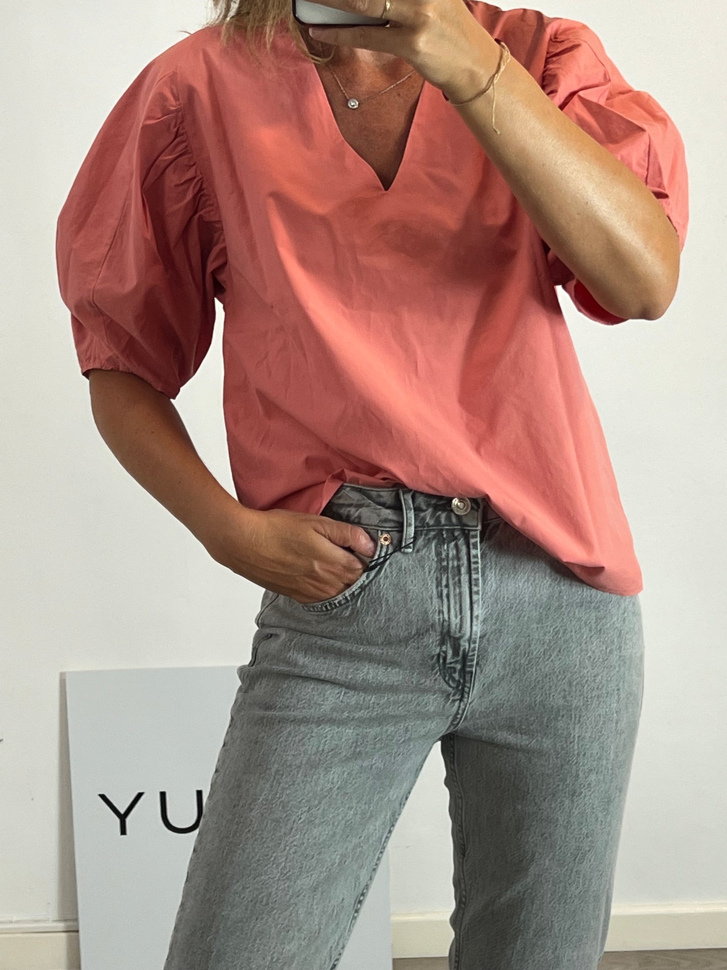 ADOLFO DOMINGUEZ. Coral puff-sleeve blouse. Size 40