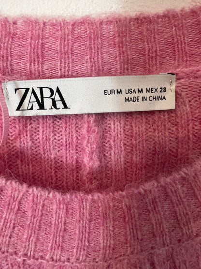 ZARA. Poncho rosa largo canalé T.m