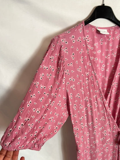 VILA. Vestido largo rosa cruzado flores. T 36