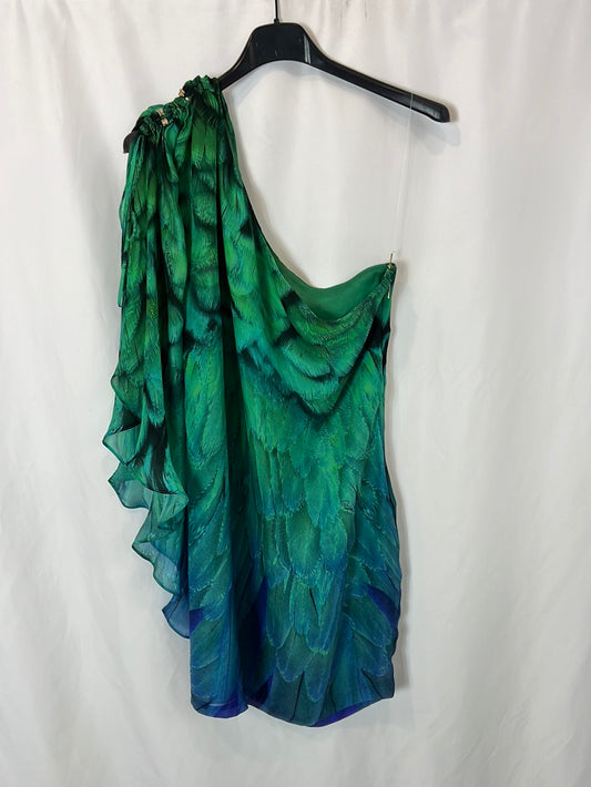 ROBERTO CAVALLI. Asymmetrical silk short dress. Size 40