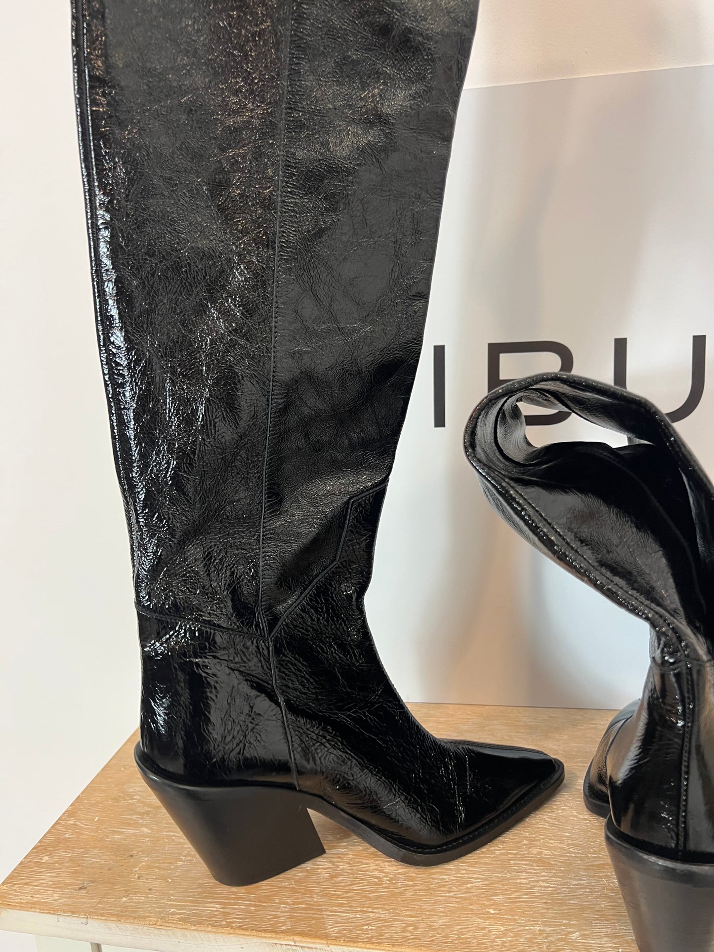 IRO. Black vinyl leather high boots, size 39