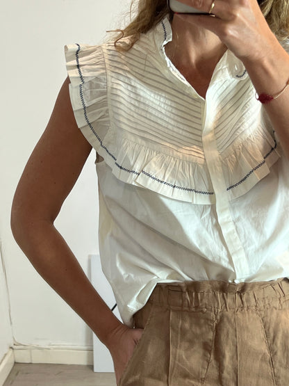 SEZANE. White sleeveless blouse with details, size 42