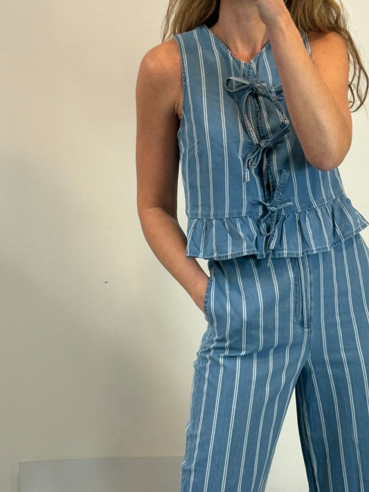 DES PETITS HAUTS. Conjunto denim ligero rayas