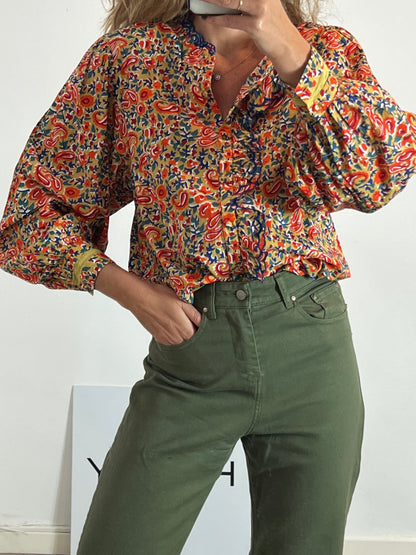 SEZANE. Orange print blouse, size 40