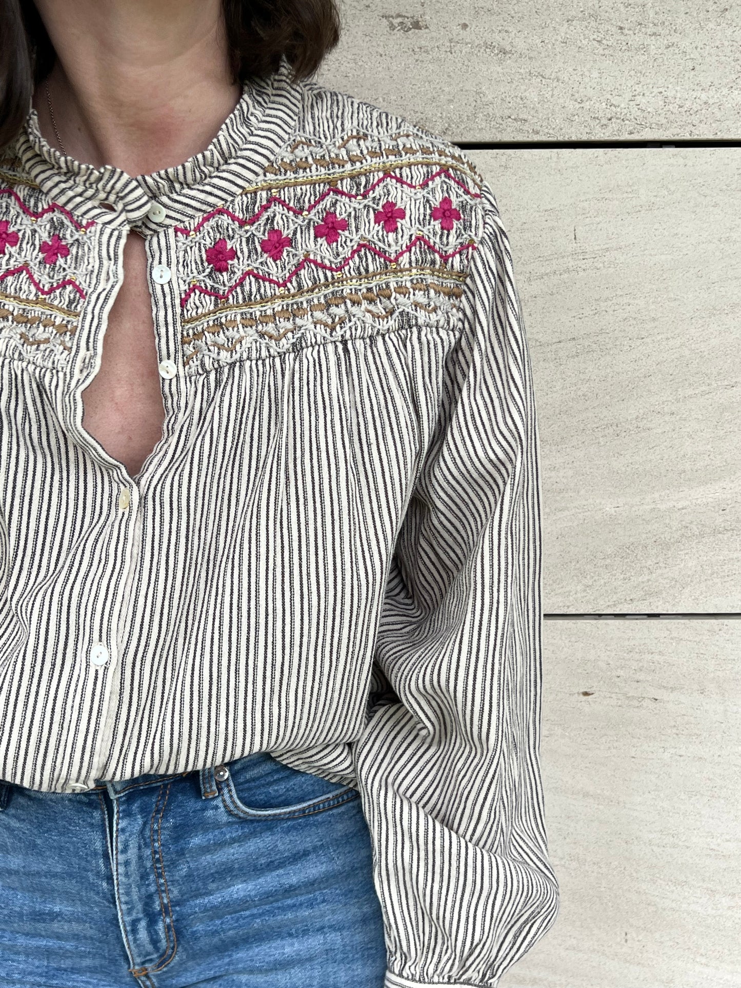 LOUISE MISHA. Embroidered striped blouse, size 34