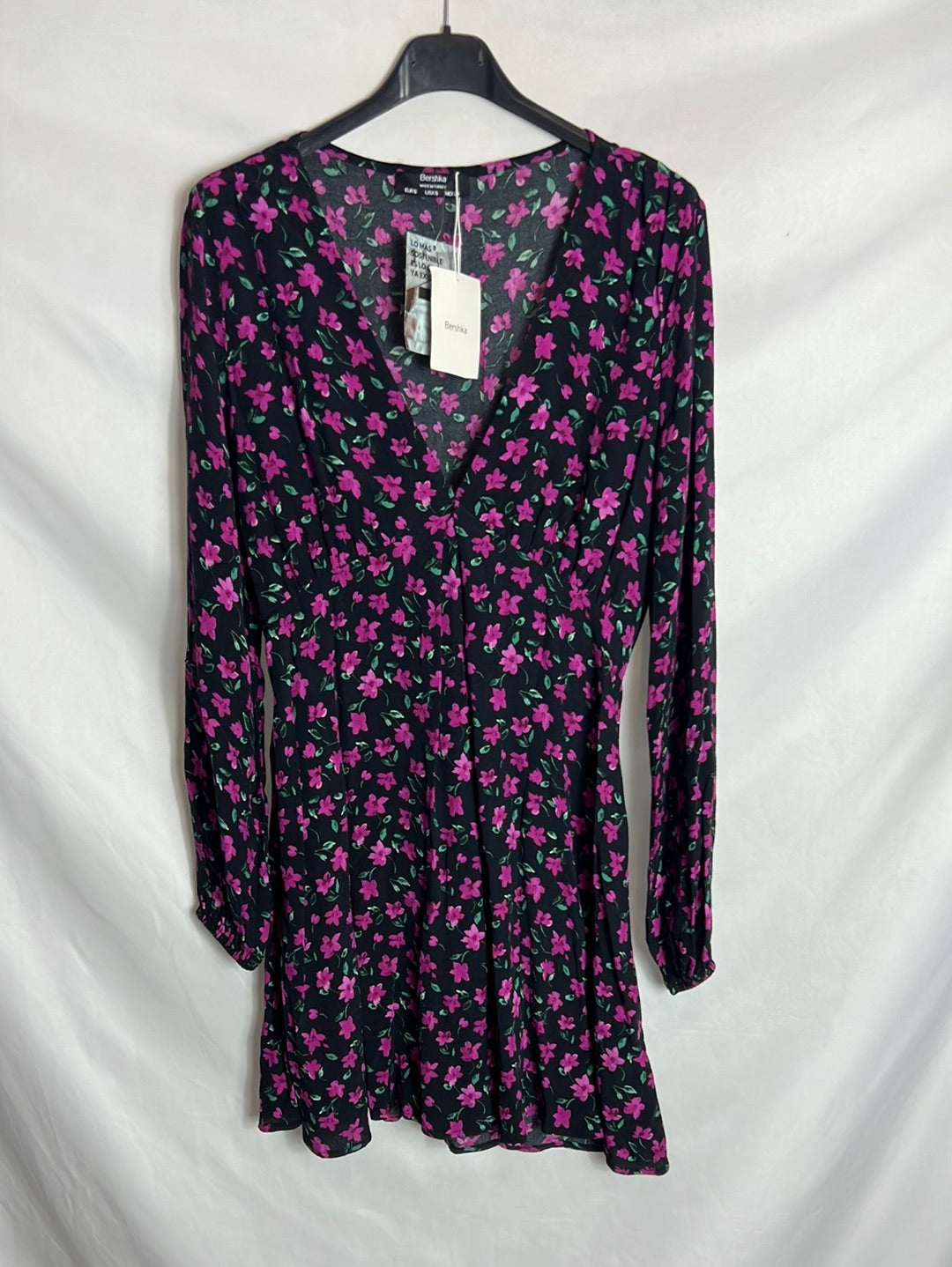 BERSHKA. Short black dress with purple flowers