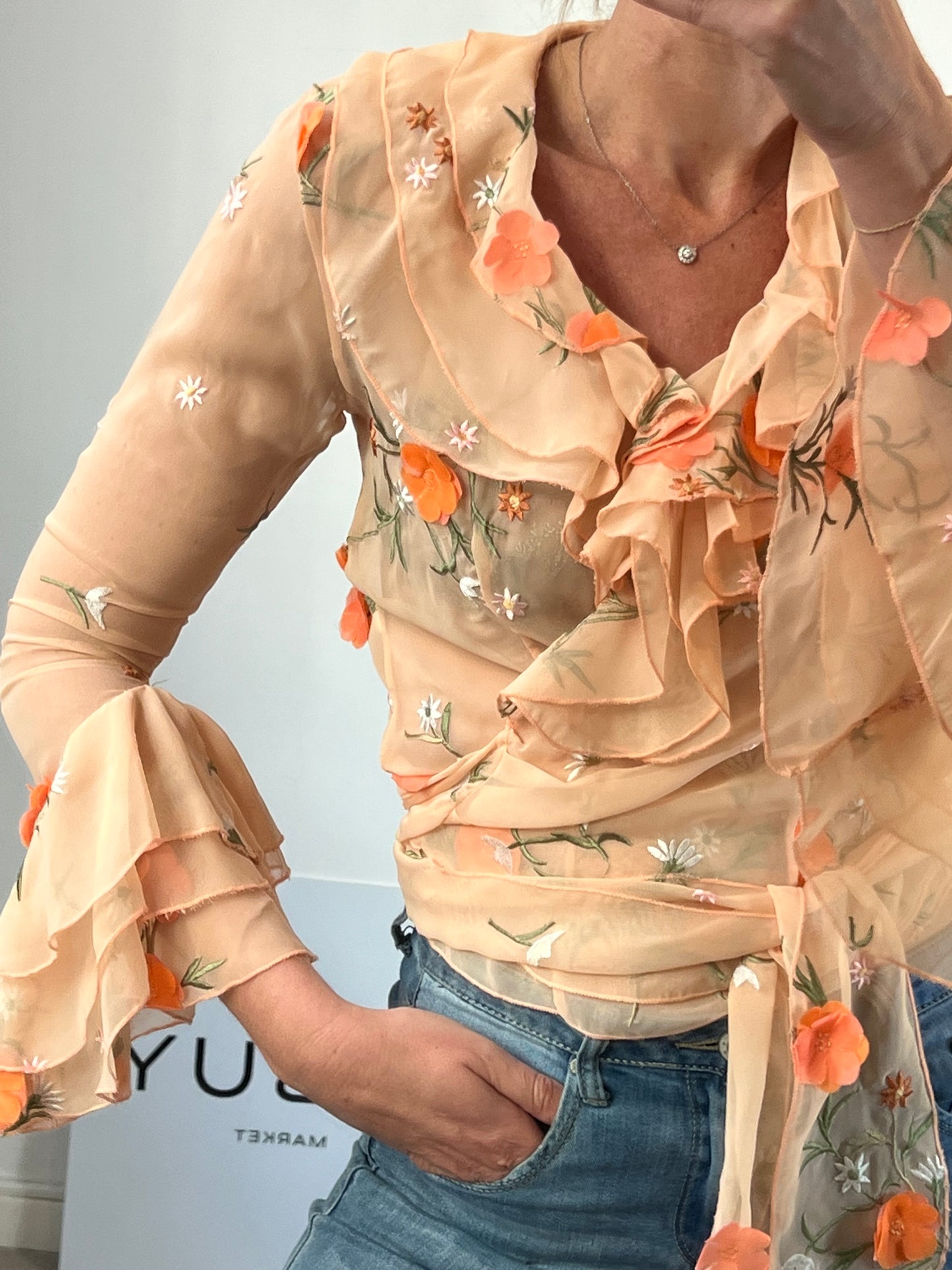 JEFF GALLANO. Embroidered wrap top.. TM