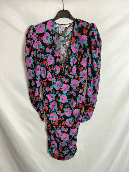 ZARA. Vestido corto flores hombreras . T S
