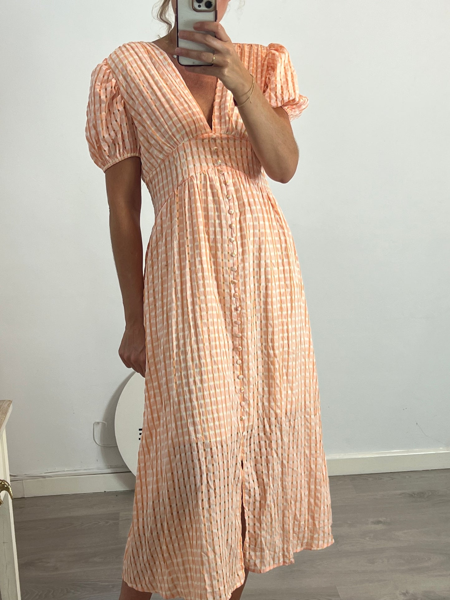 OTRAS. Vestido largo textura naranjas. T L/XL