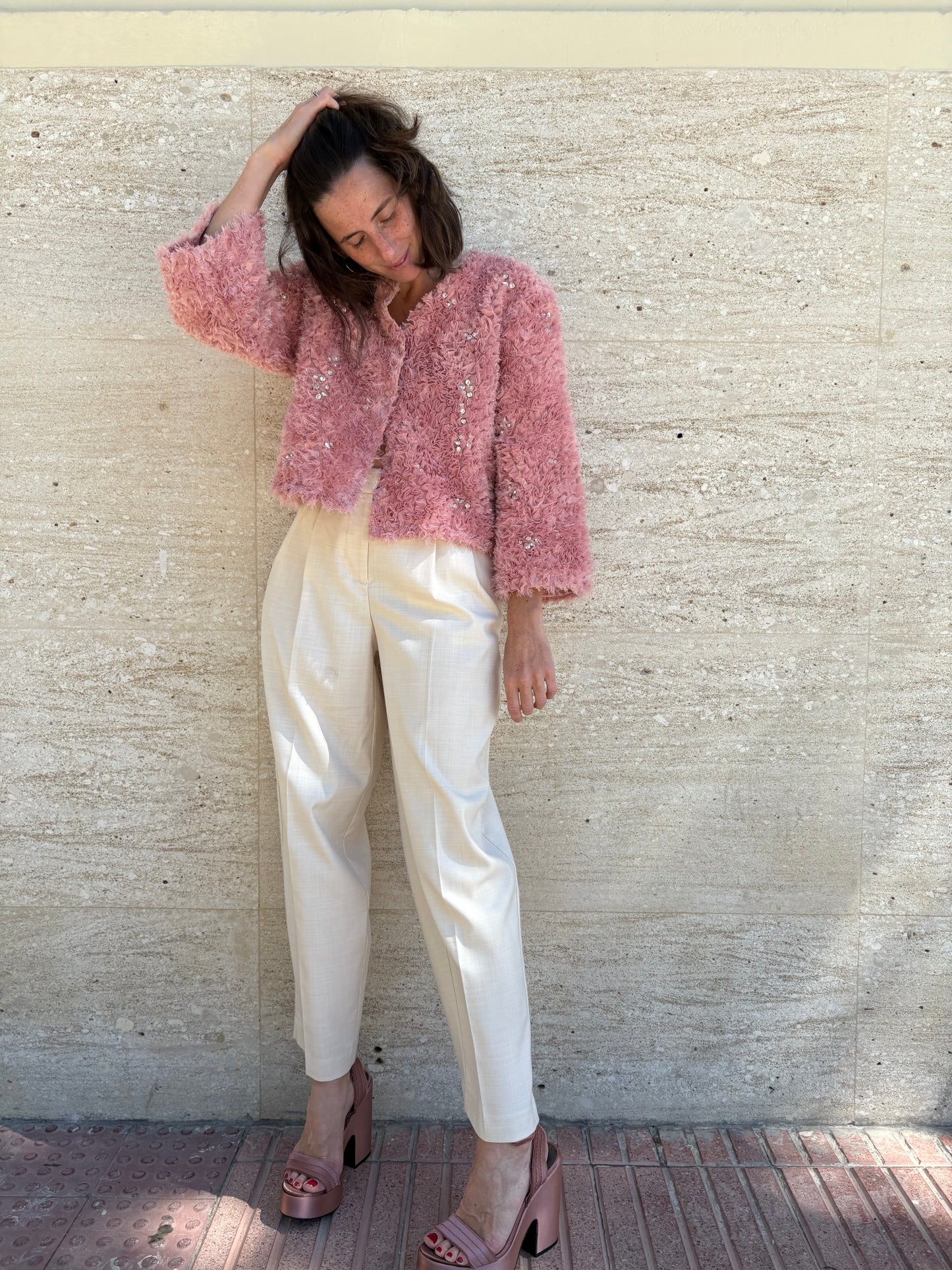 PEDRO GARCIA. Pale pink satin platform sandal. T 40