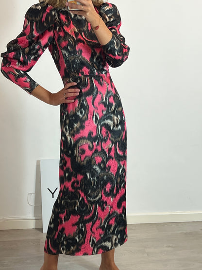 JORGE VÁZQUEZ. Vestido largo estampado satinado. T 38