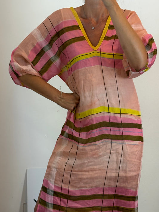 MONOPLAZA. Vestido midi lino cuadros. T S/M