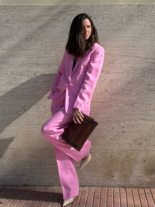 SANDRO. Traje de chaqueta rosa rayas T.36/38