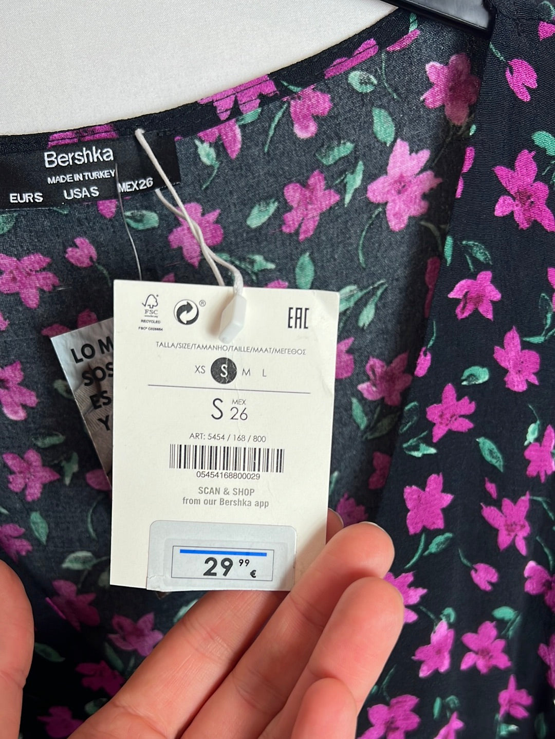 BERSHKA. Short black dress with purple flowers
