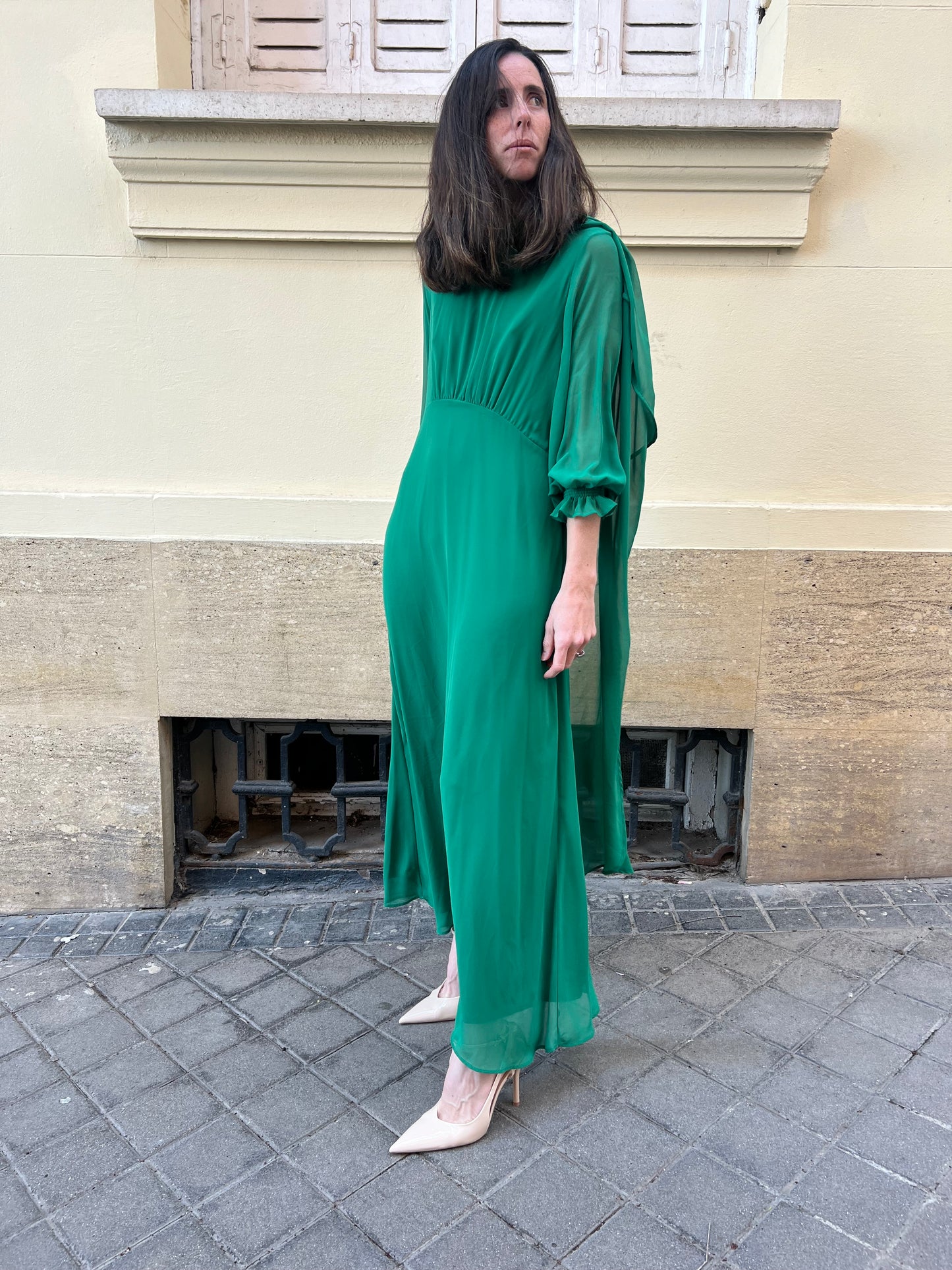 VILAGALLO. Vestido largo gasa verde