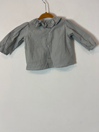 THE LIZARD IS CRYING. Gray plaid blouse with ruffled collar. Size 0 months