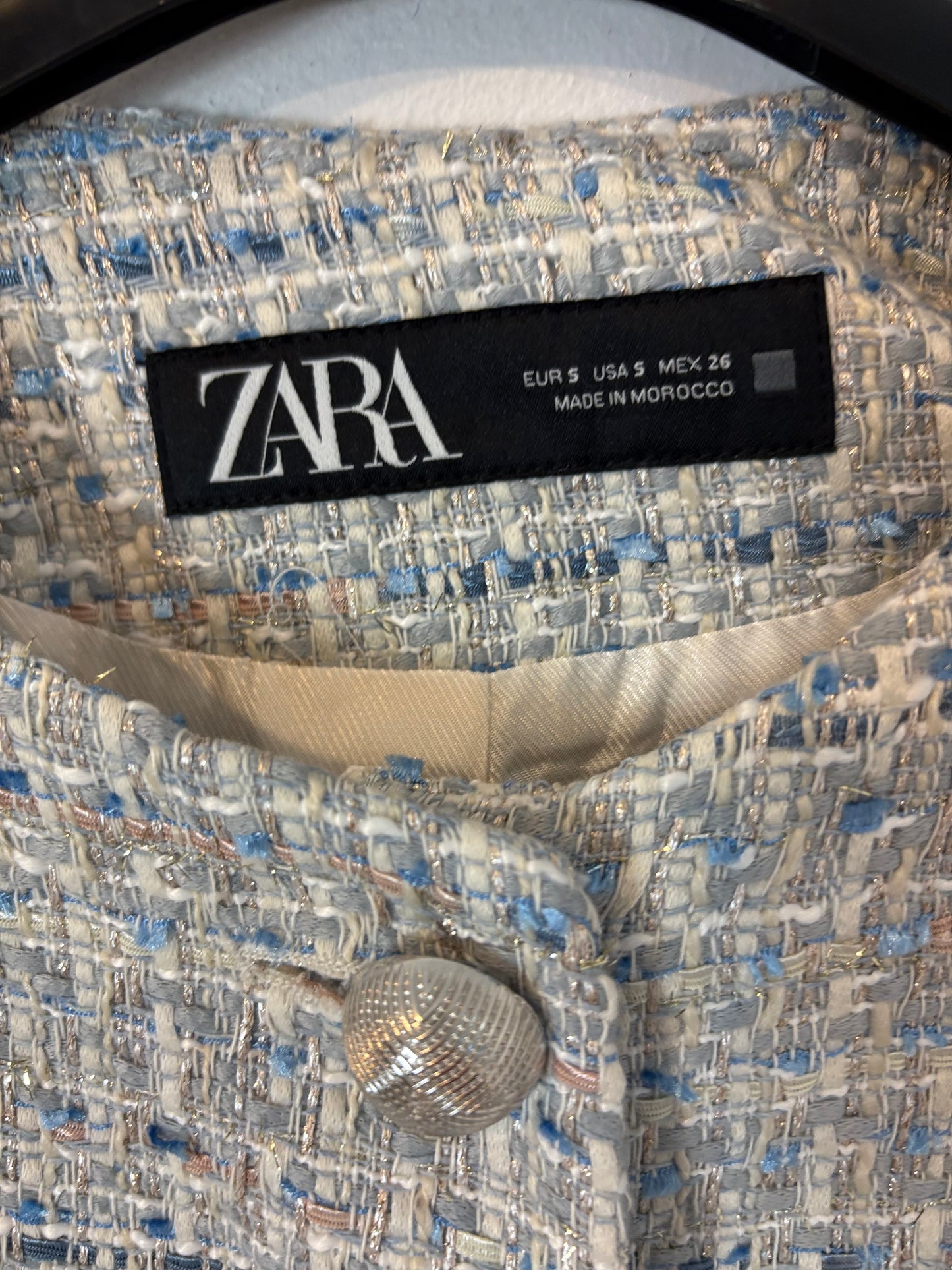 ZARA. Conjunto chaqueta y falda pantalón tweed azules. T XS/S