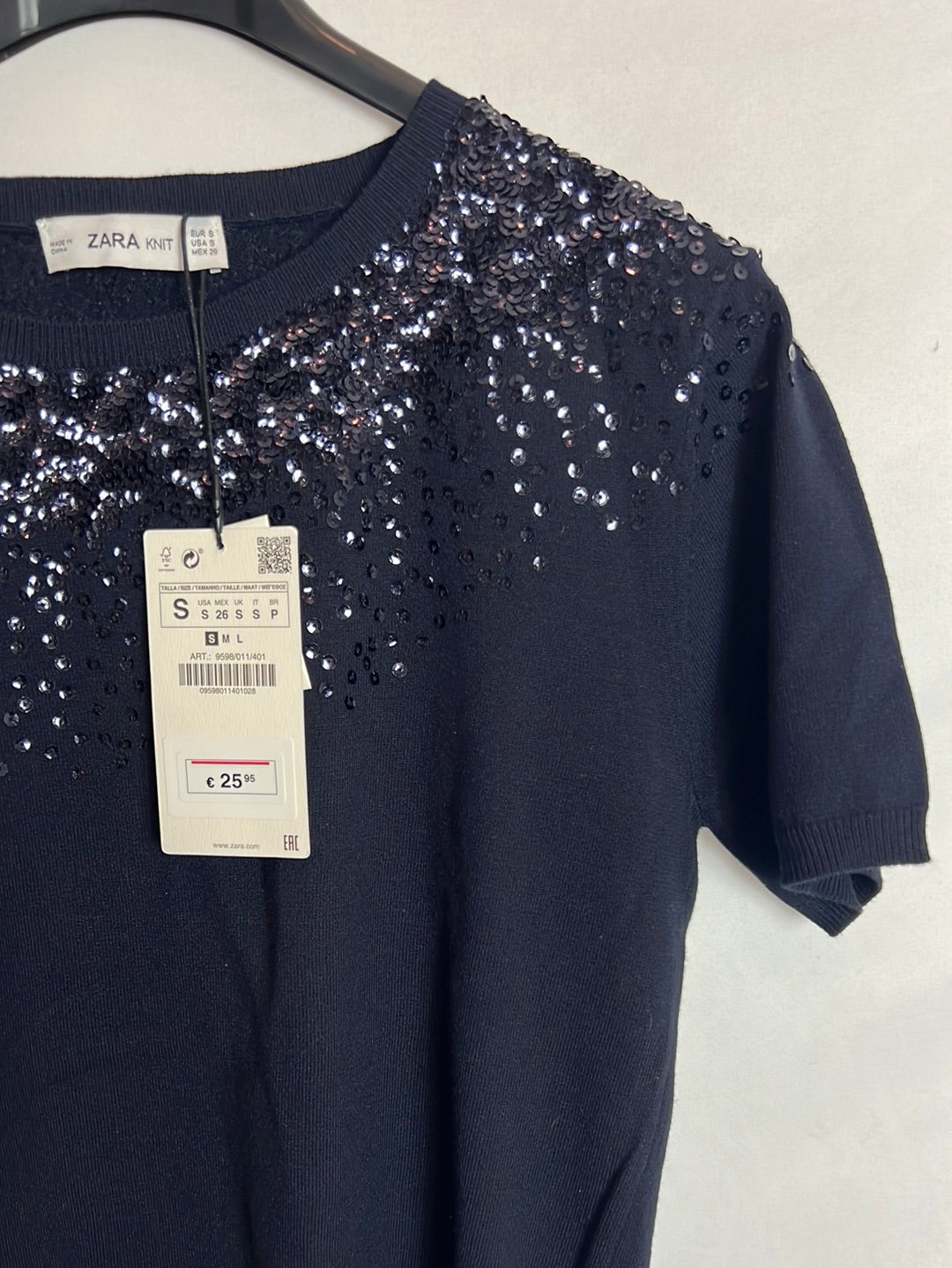ZARA. Top punto azul pedrería. T S
