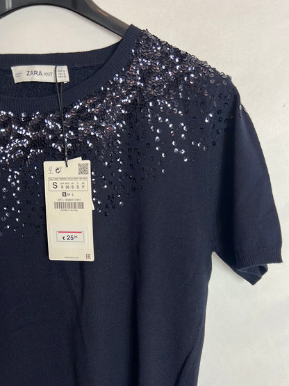ZARA. Top punto azul pedrería. T S