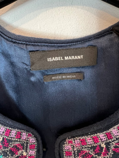 ISABEL MARANT. Chaleco azul bordado algodón T.34