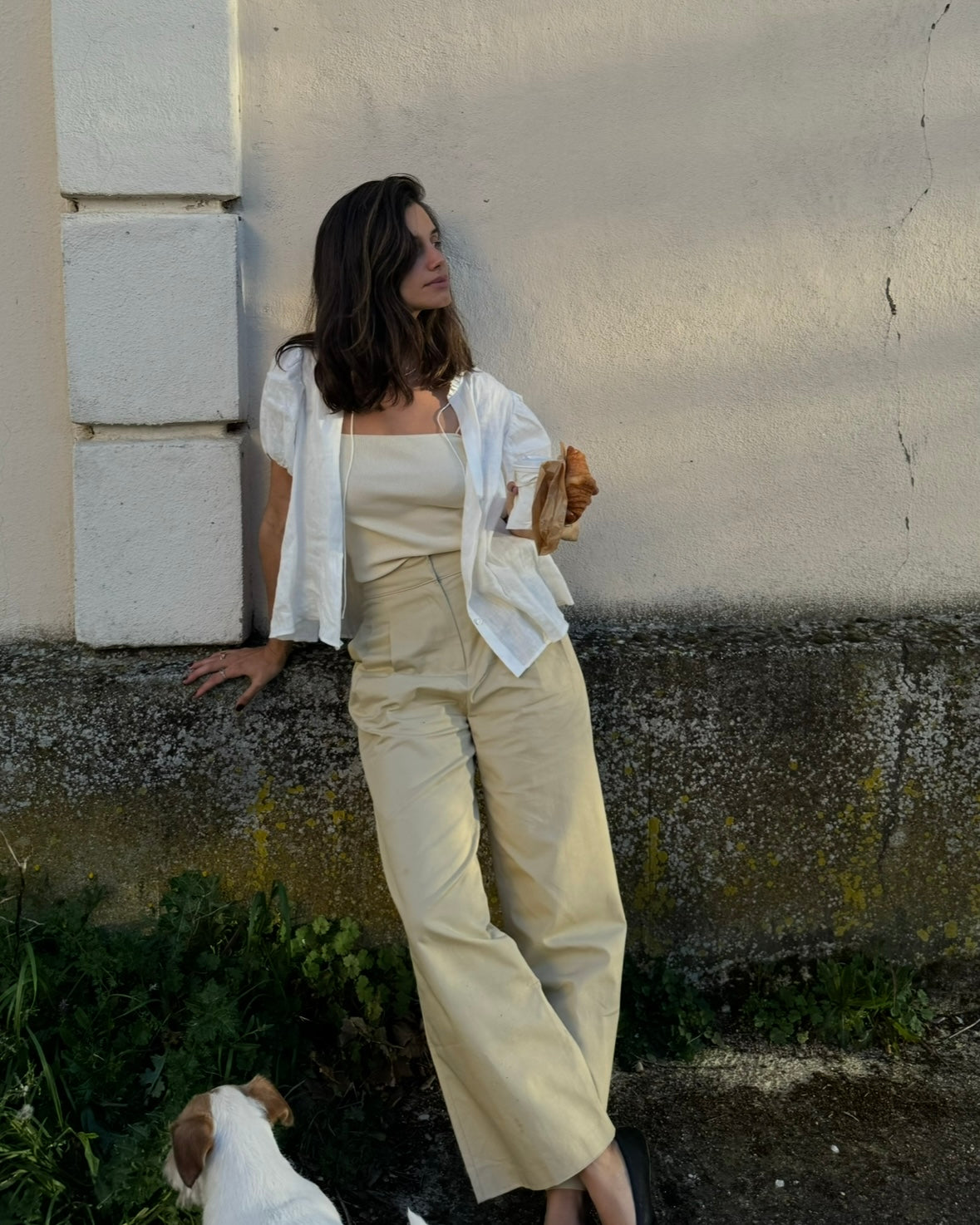 Pantalón pinzas beige algodón T.s