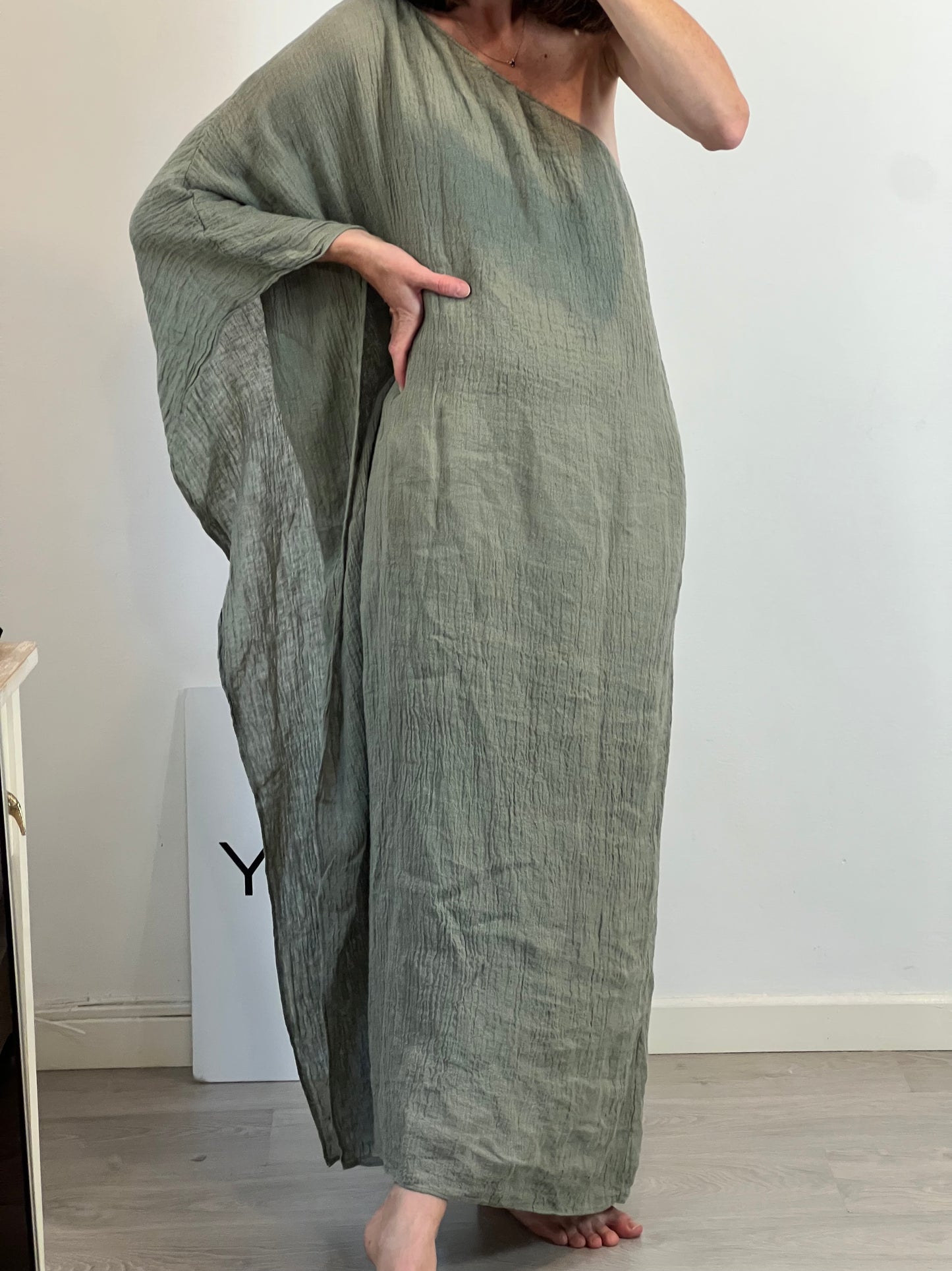 massimo dutti green asymmetric dress Long linen dress with asymmetric neckline